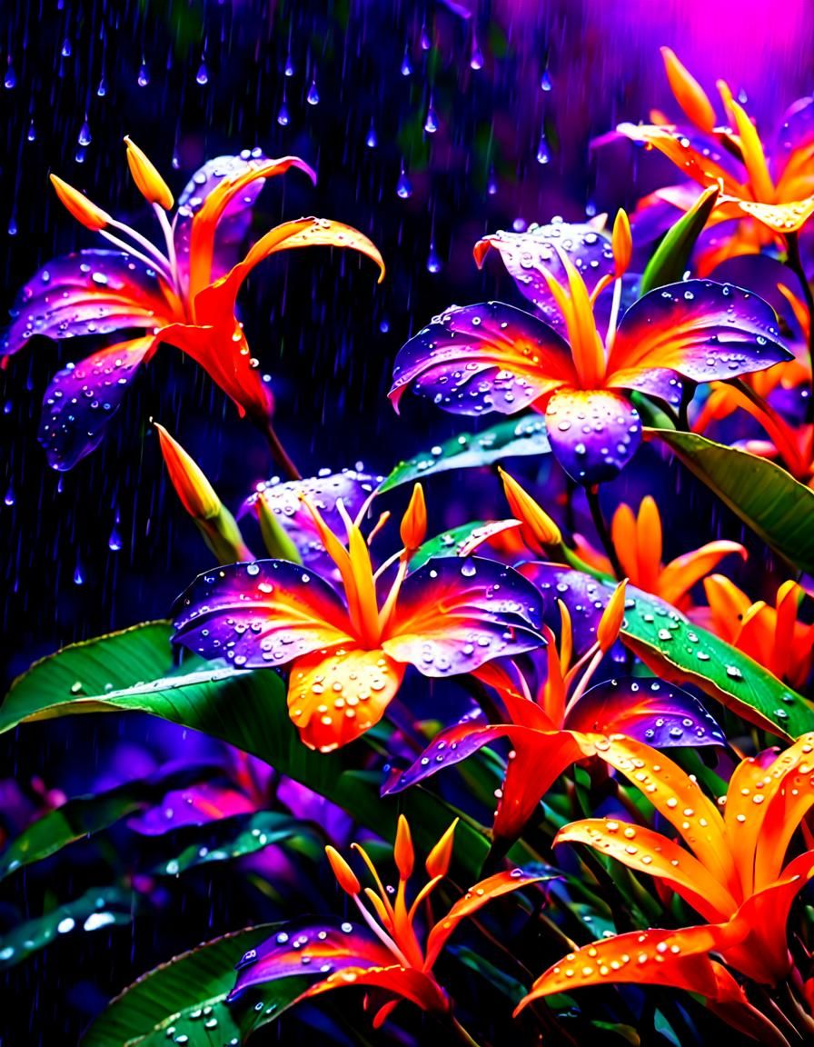 Fluorescent Neon Tropical Flowers Blooming at Night