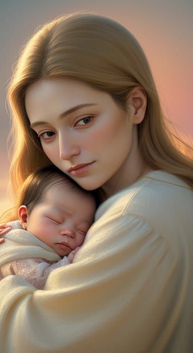 Mother and Newborn in Warm Oil Painting Style