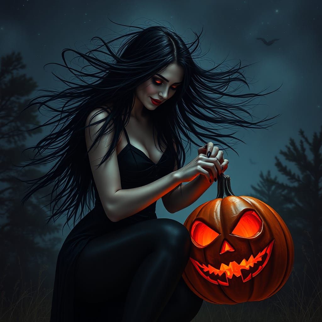 Mysterious Witch with Pumpkin Under Halloween Sky