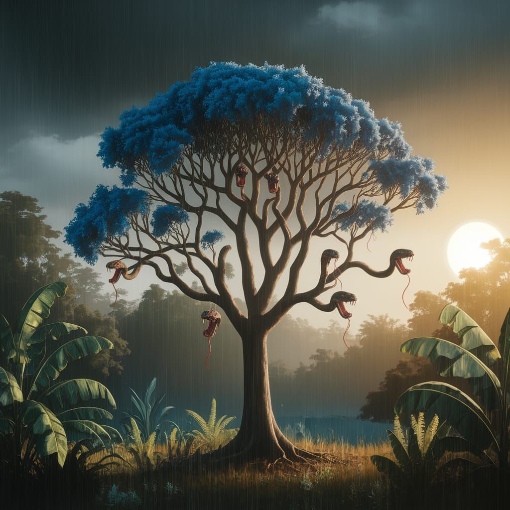 Tropical Tree of Serpents Basks in Morning Sun