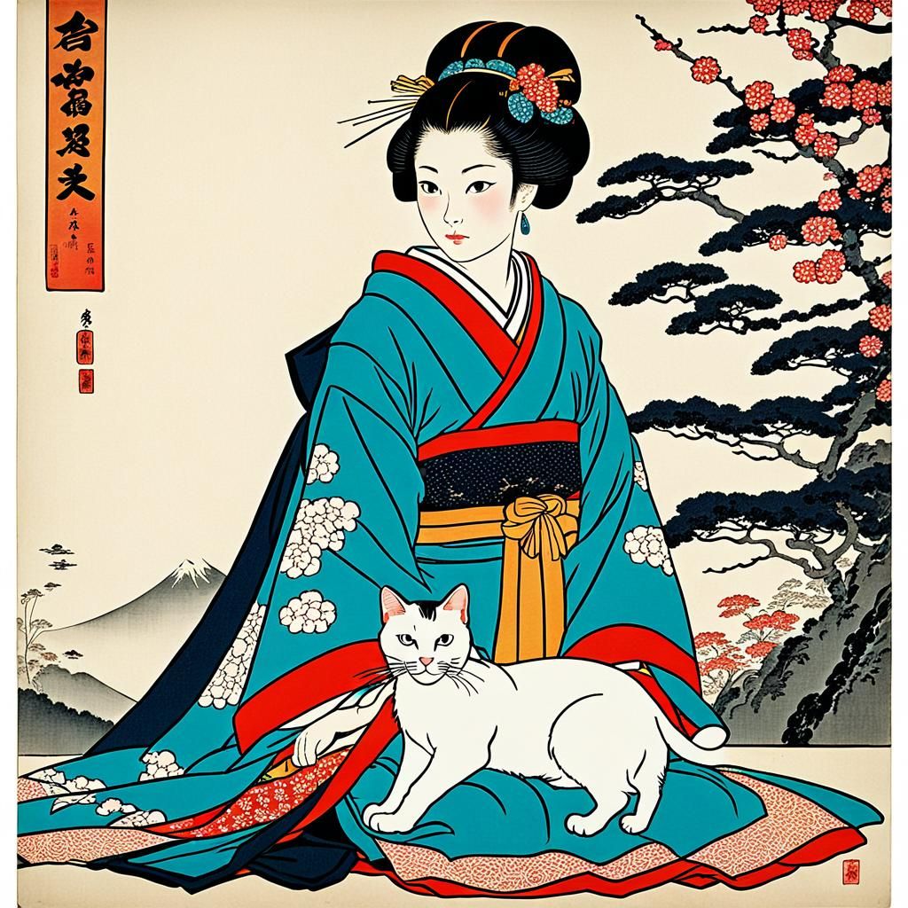Princess and Cat in Ukiyo-e Style