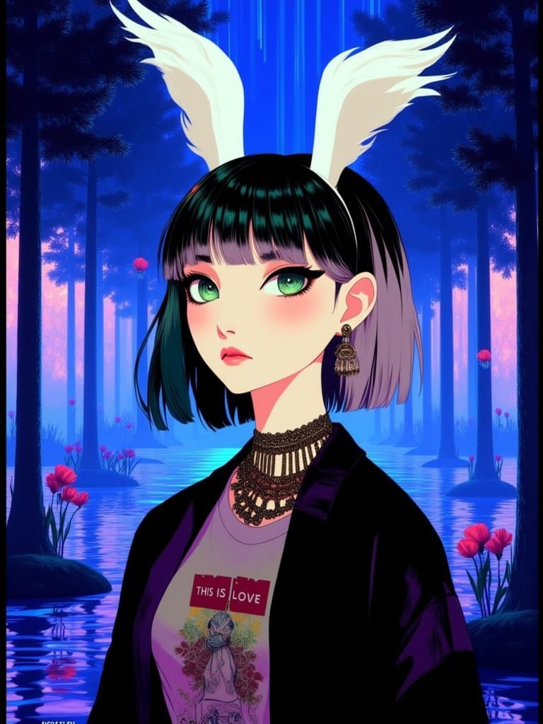 Mature Woman in Ethereal Cyberpunk Garden Portrait