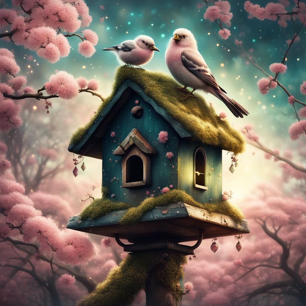 Birds in Sakura Flower, Surreal Fantasy Illustration