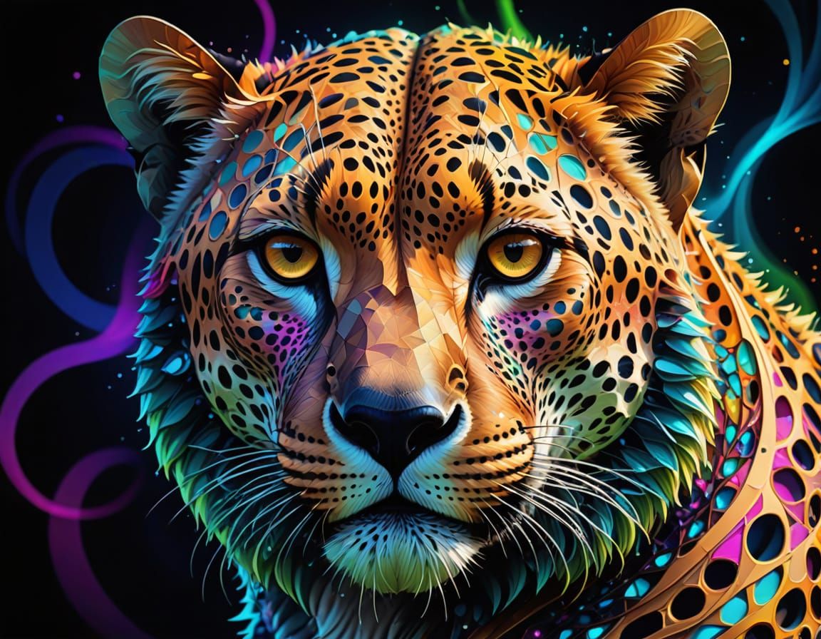 Fractal Cheetah Portrait in Vibrant, Neon Colors