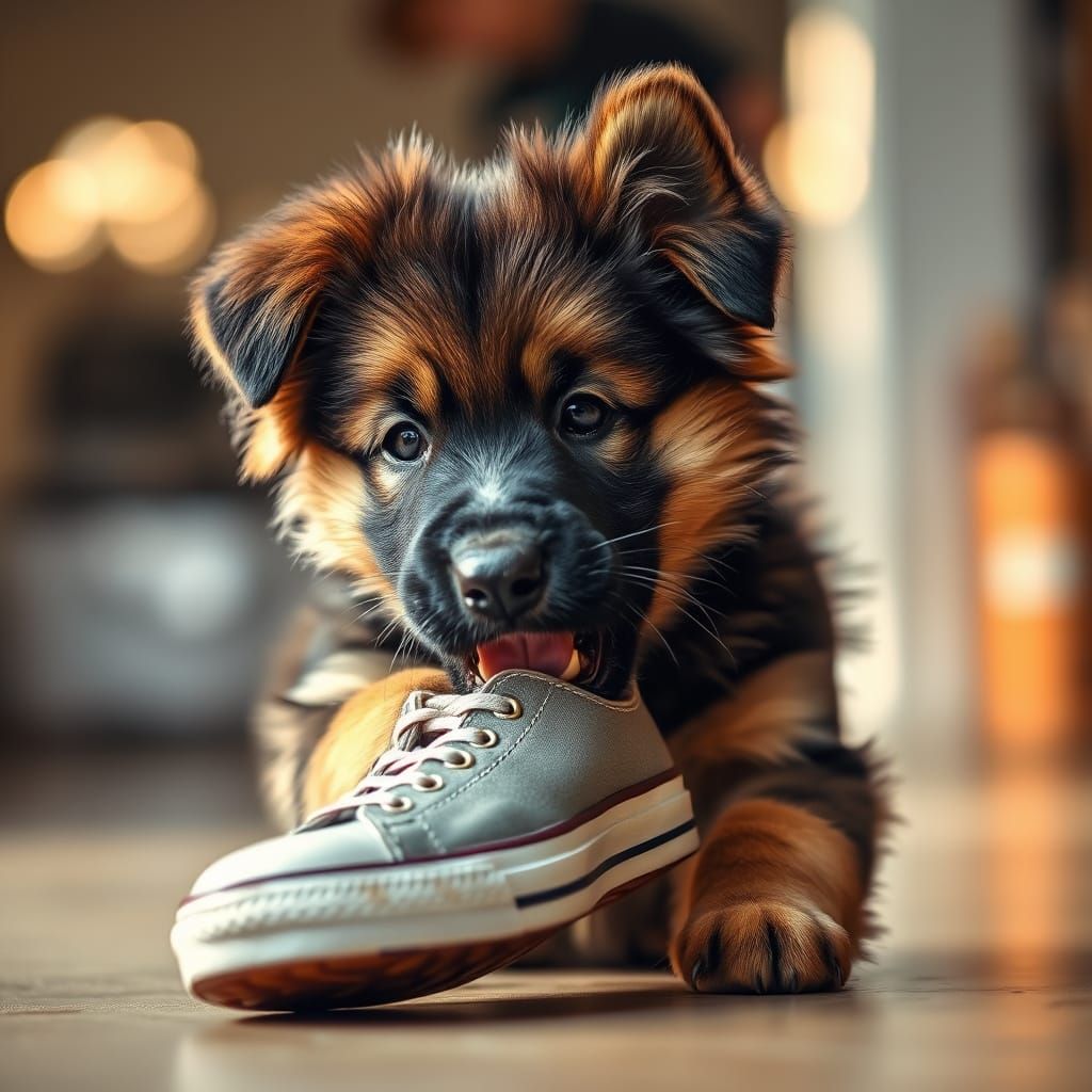 Cute German Shepherd Puppy Chews on a Sneaker in Warm Light