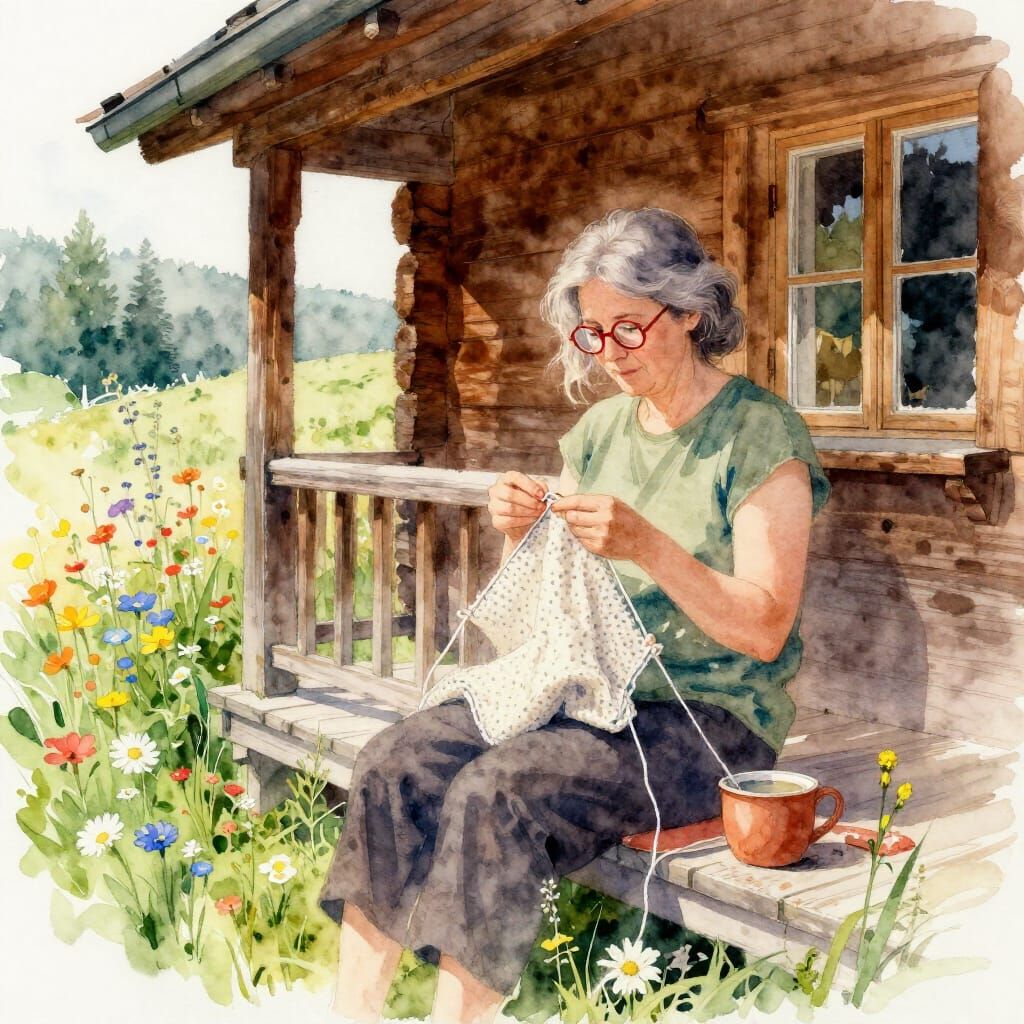 Woman Knitting in Wildflower Garden as Watercolor Painting
