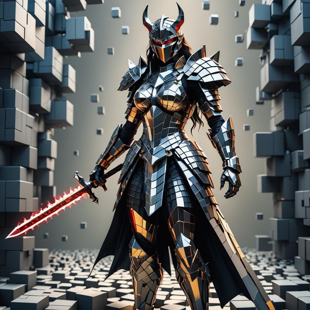 Abstract Cube Knight: Geometric Demon Woman Warrior
