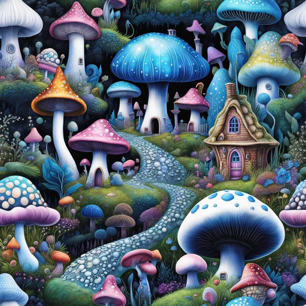 Fantasy Fairy Village with Snail Houses in Mixed Media