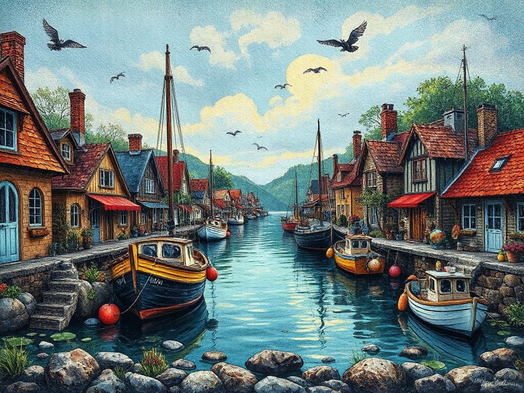 Whimsical Fantasy Fishing Village Pen and Ink Illustration