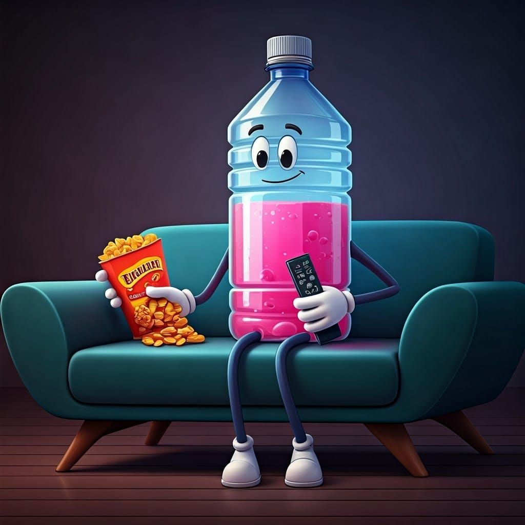 Anthropomorphic Water Bottle Watching TV