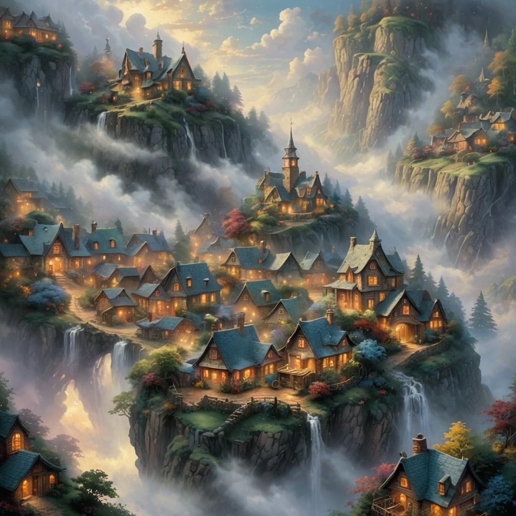 Ethereal Village in the Clouds: Fantasy Art