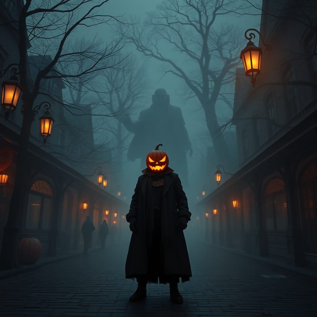 Pumpkin Head Figure Meets Vampire Elder in Fog