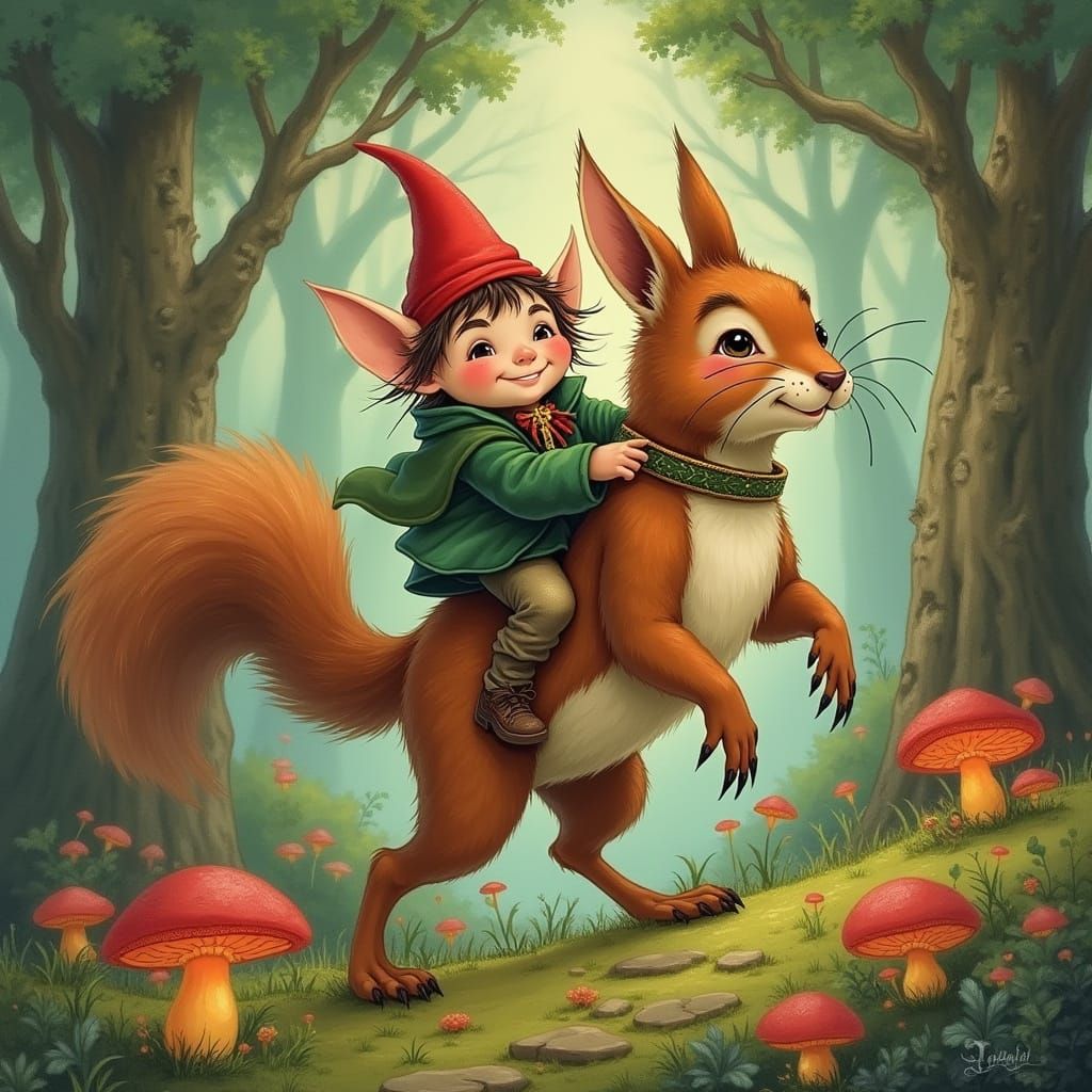 Mischief in Whimsical Woodland: Goblin Squirrel Ride