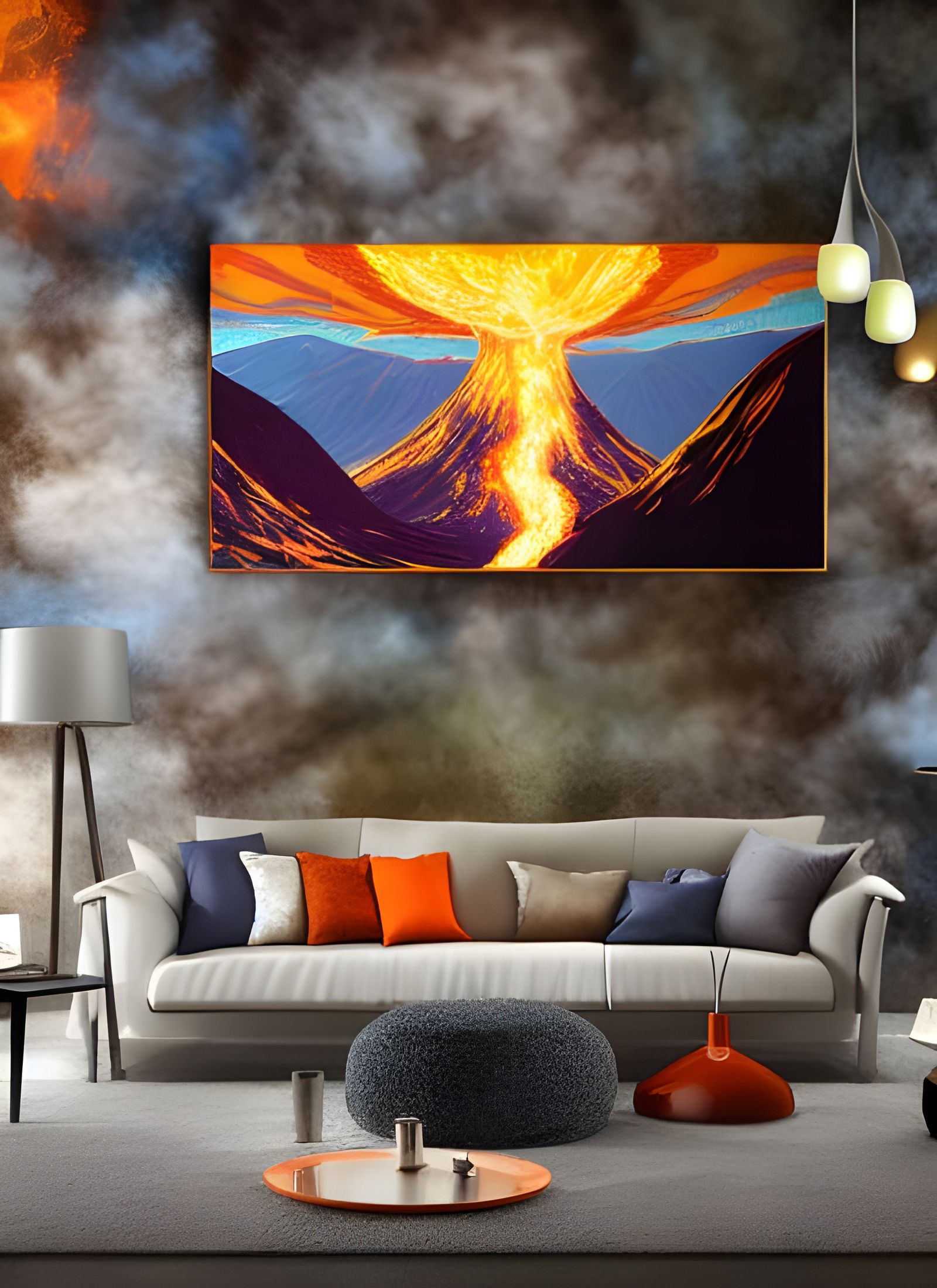 Erupting Volcano Painting in Modern Living Room