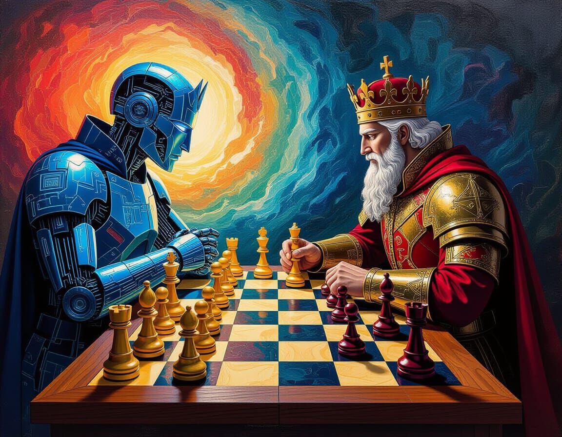 Chess Game Between AI and King in Encaustic Style