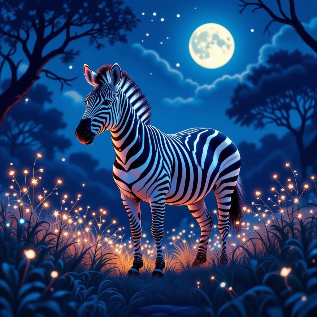 A majestic zebra, adorned with ethereal, glowing patterns on...