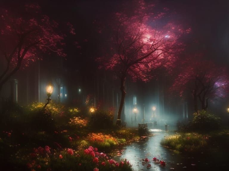 Dark Academia Garden with Volumetric Lighting