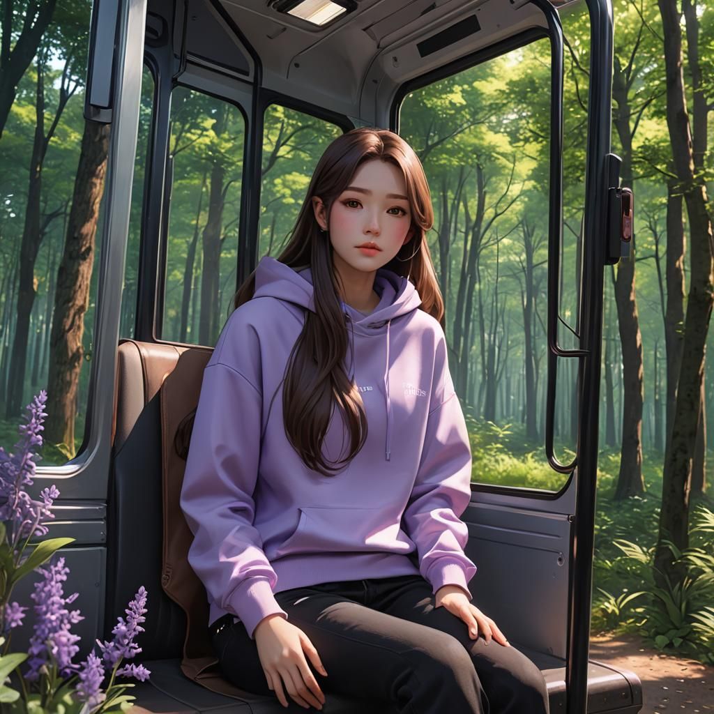 Anime Style Woman on Bus Through Forest