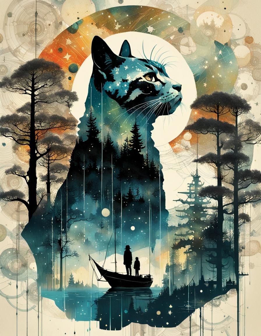 Galaxy Dripping into World with Cat Silhouette