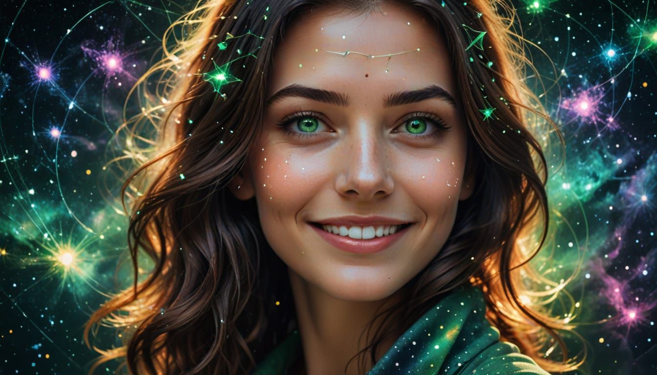 Hyper-Realistic Portrait of a Woman with Celestial Elements