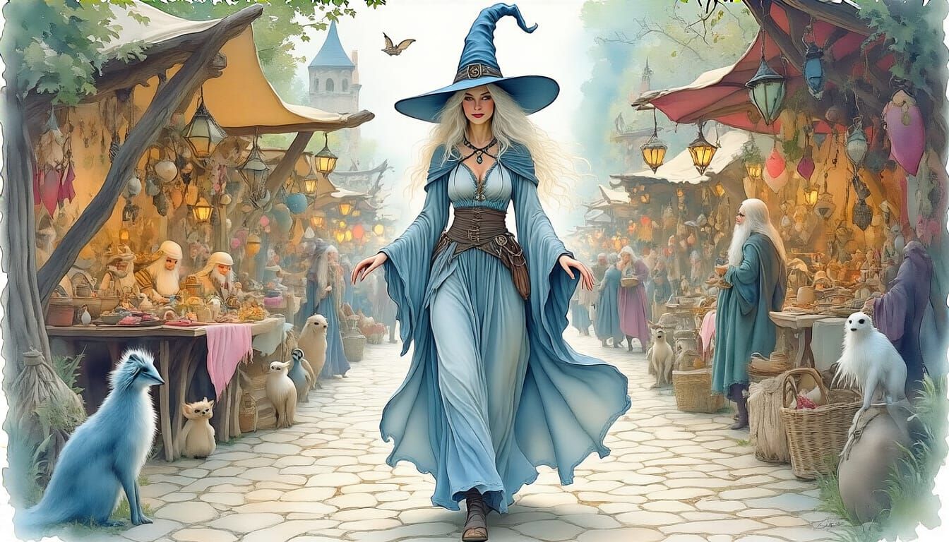 Witch Striding Through Bustling Marketplace in Watercolor St...