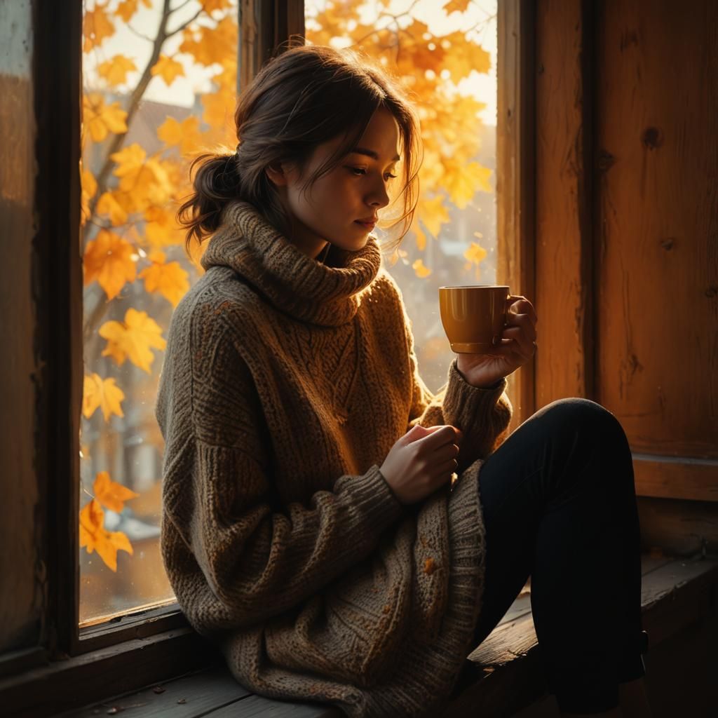 Cozy Autumn Morning: Woman with Coffee