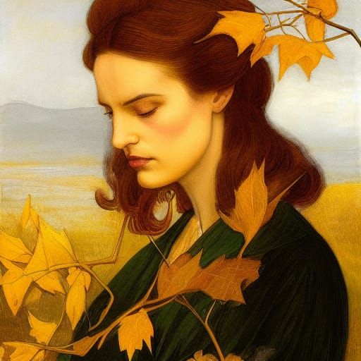 Melancholy Woman in Golden Dress Amidst Autumn Leaves