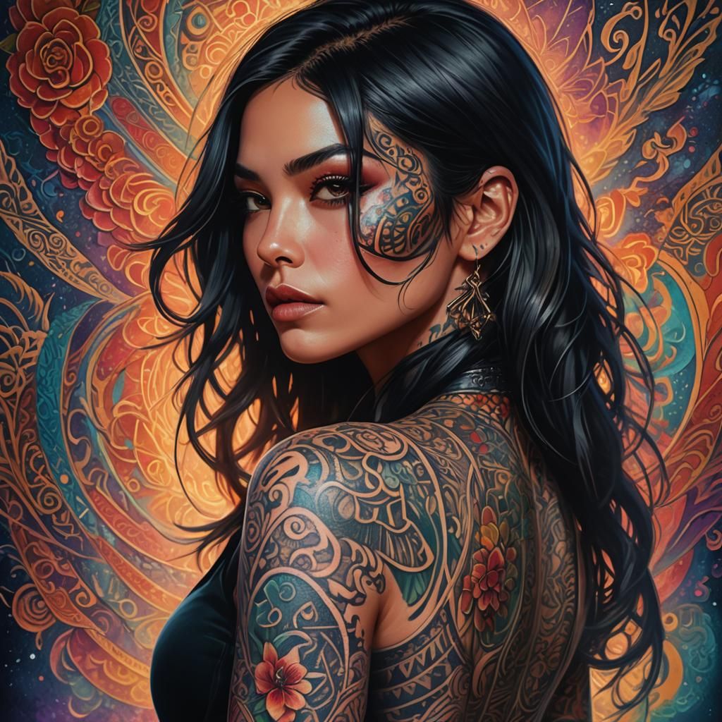 Tattooed Woman Concept Art in Luminescent Lighting