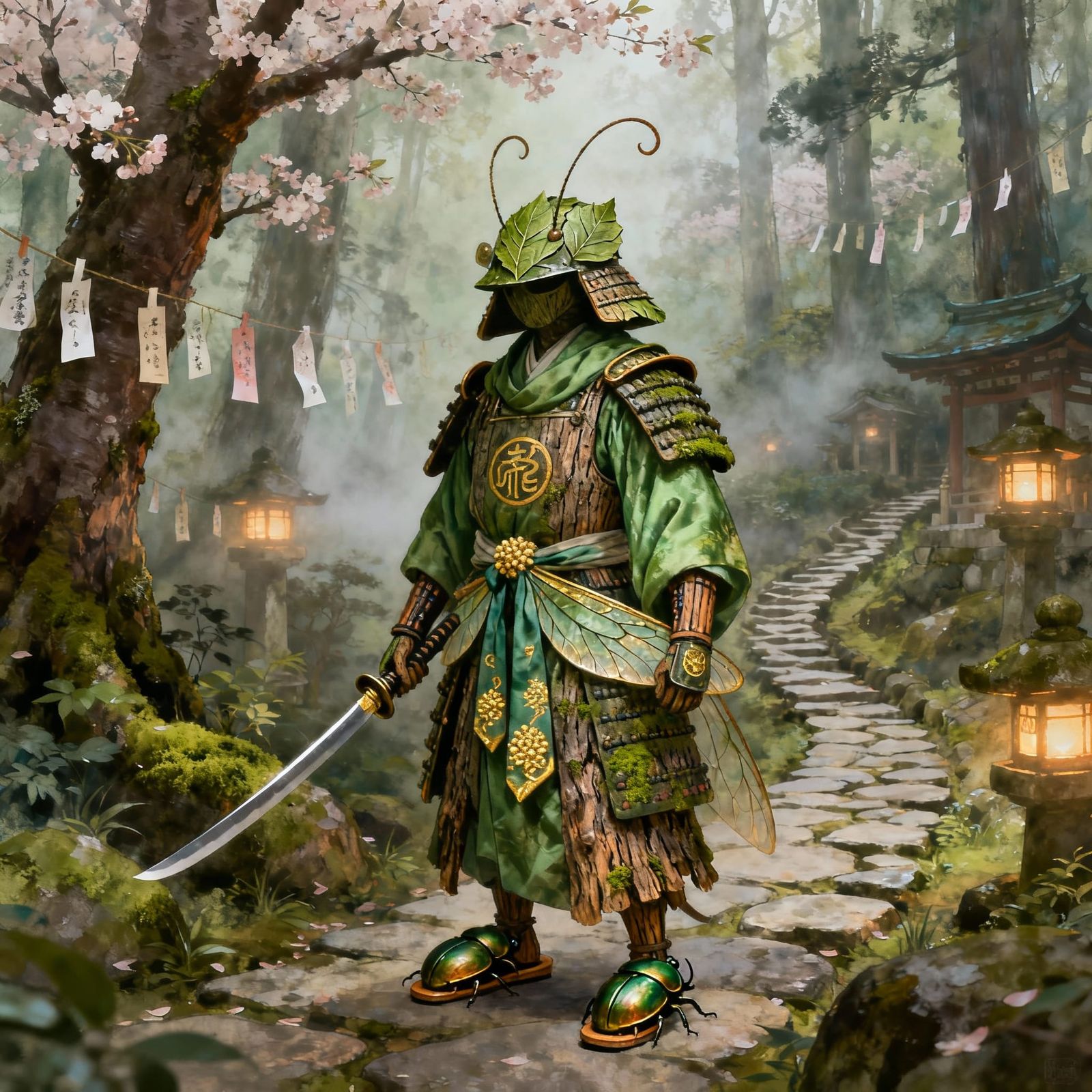 Mantis Samurai Shin'Karu in Japanese Scroll Art Style