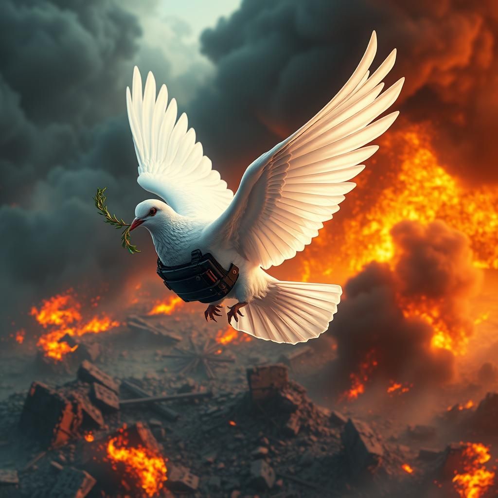 Peace Dove in Bulletproof Vest Soaring Over War Zone