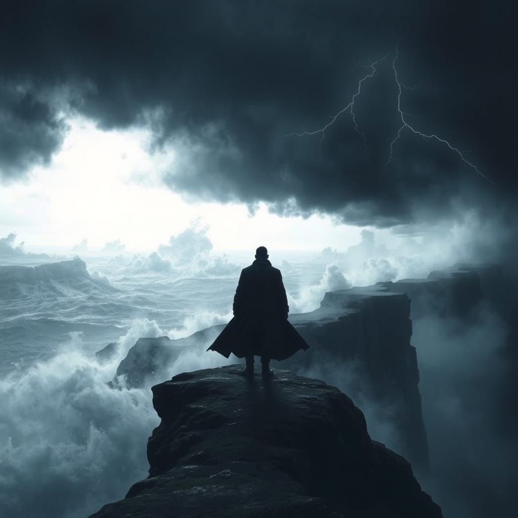 Lone Figure on Cliff Edge in Storm
