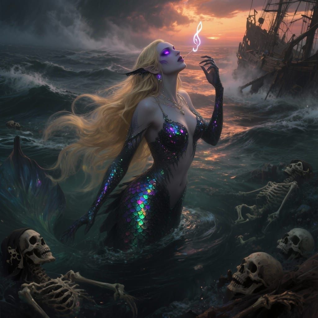 Mysterious Mermaid Emerges from Stormy Ocean Sunset