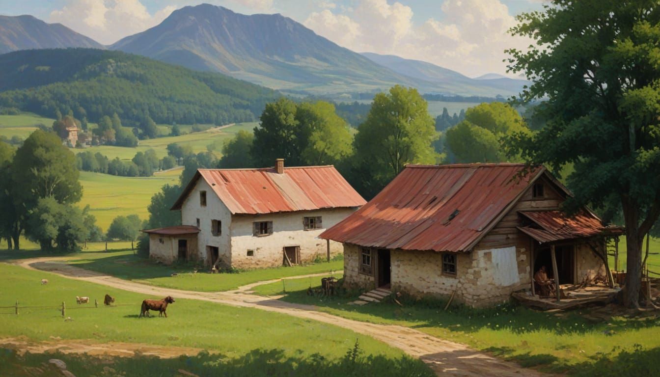 Soviet Farm Landscape in Bouguereau Oil Painting Style