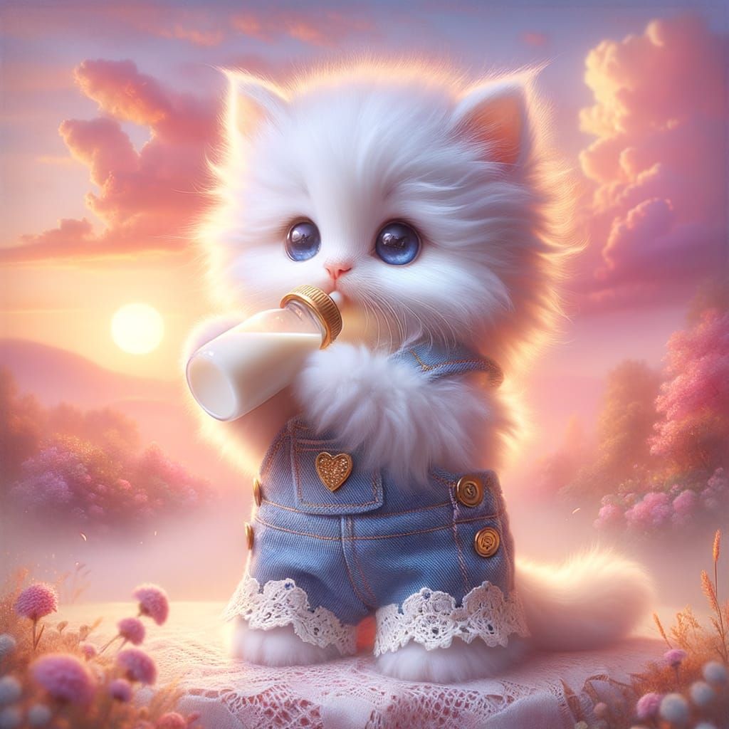 Whimsical White Kitten in Denim Overalls