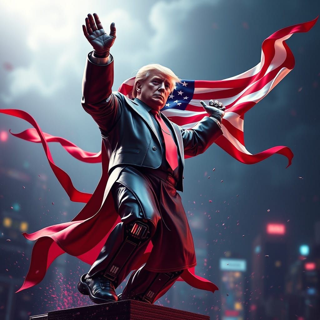 Fantastical Donald Trump Dancing Robot Amidst American Flags...