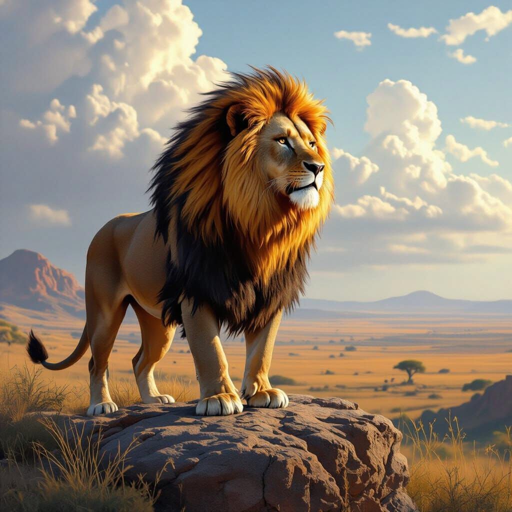 Lion with Fiery Mane Overlooking African Savanna