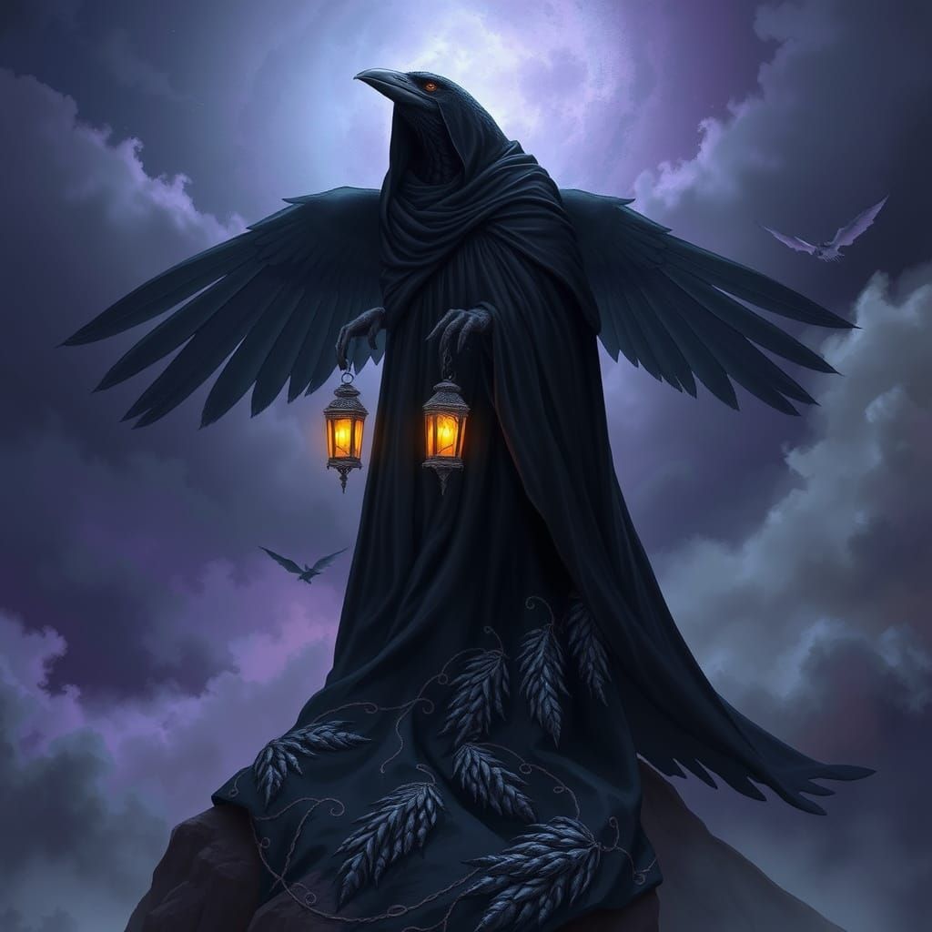 Mystical Raven Spirit on a Misty Mountain in a Dark, Dreamli...