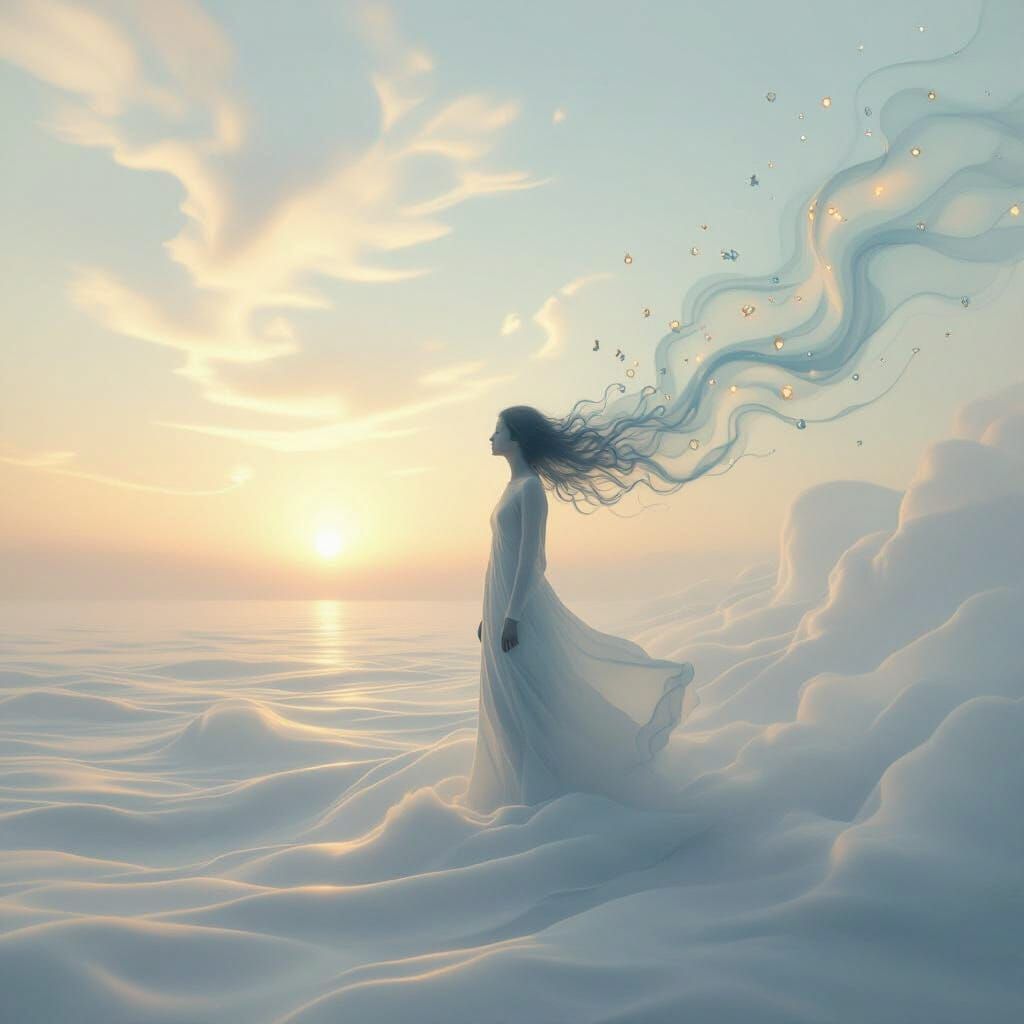 Surreal Figure Dissolving into Ethereal Air Currents