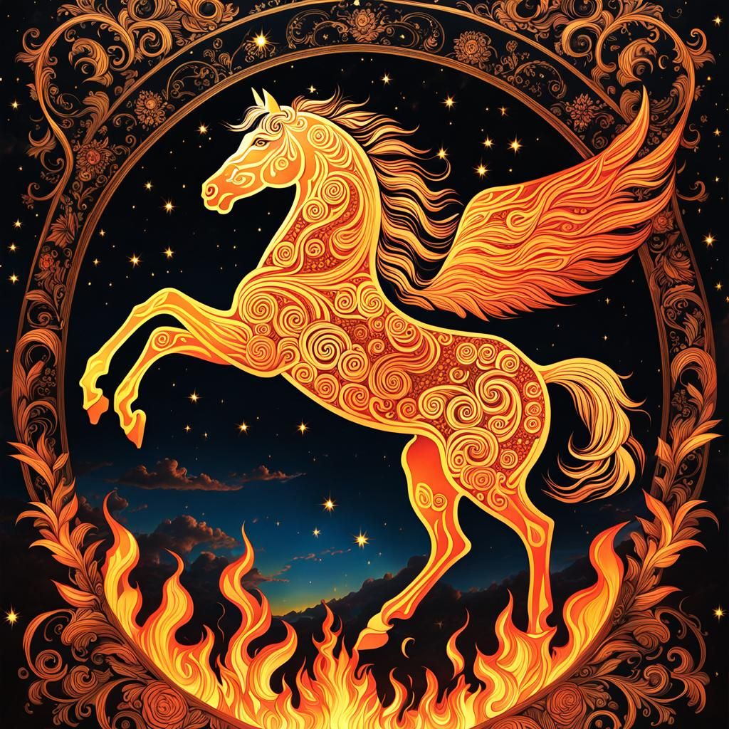 Fiery Flying Horse Etched with Roses