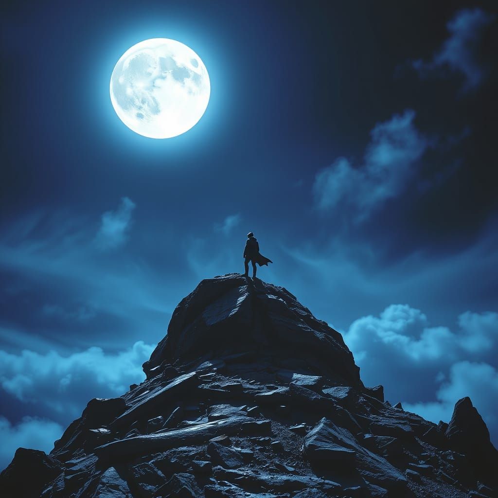 lone figure backlit by moon