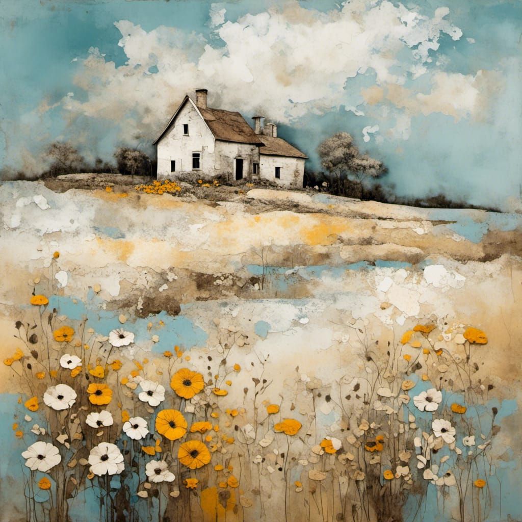 Abstract Farmhouse Landscape with Surreal Floral Details