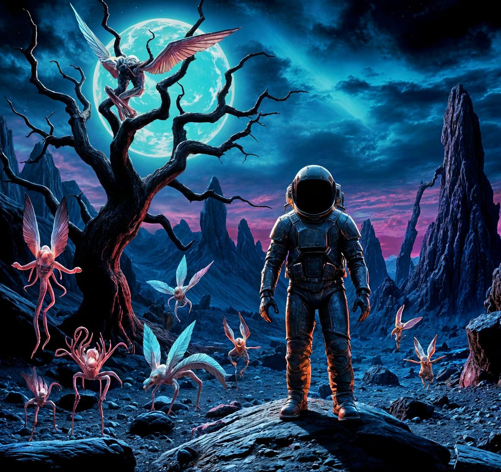 Astronaut in Dark Surreal Landscape
