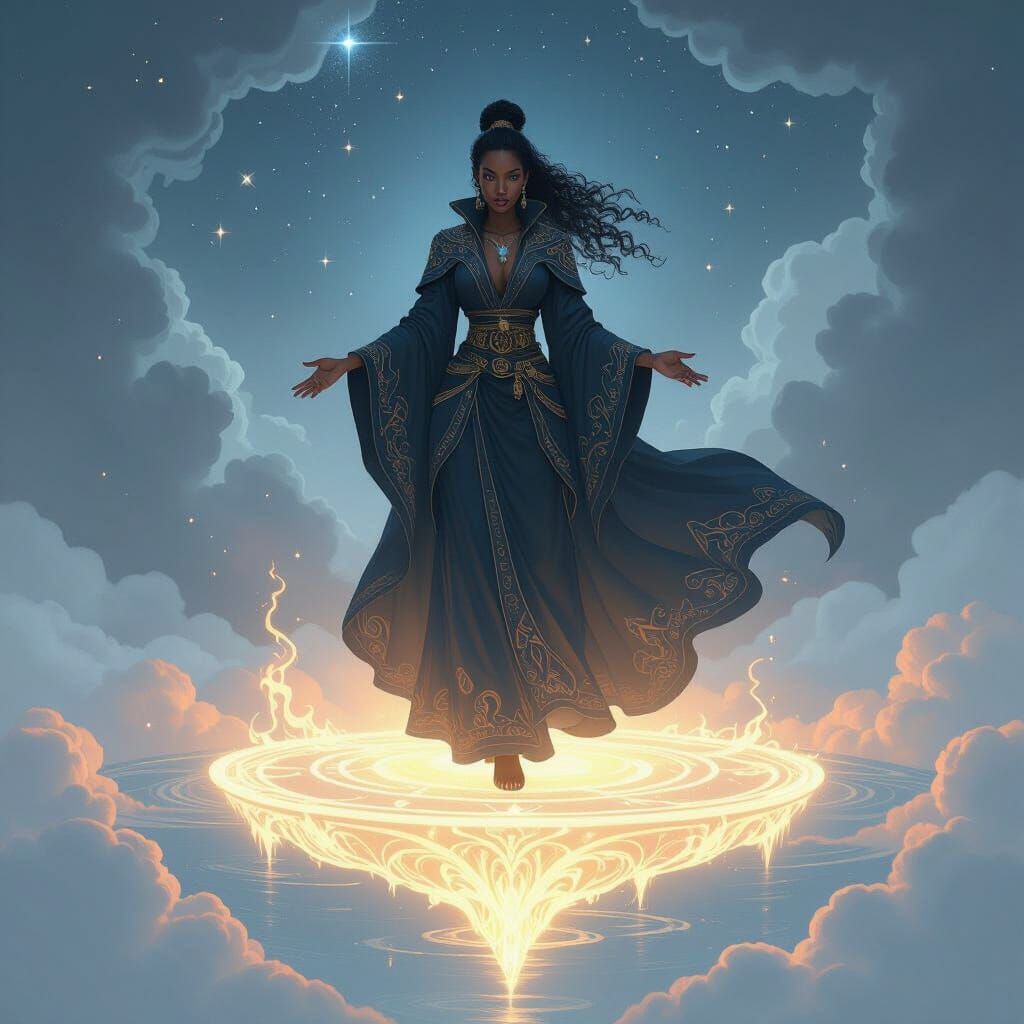 Black Female Wizard on Mystical Glowing Island