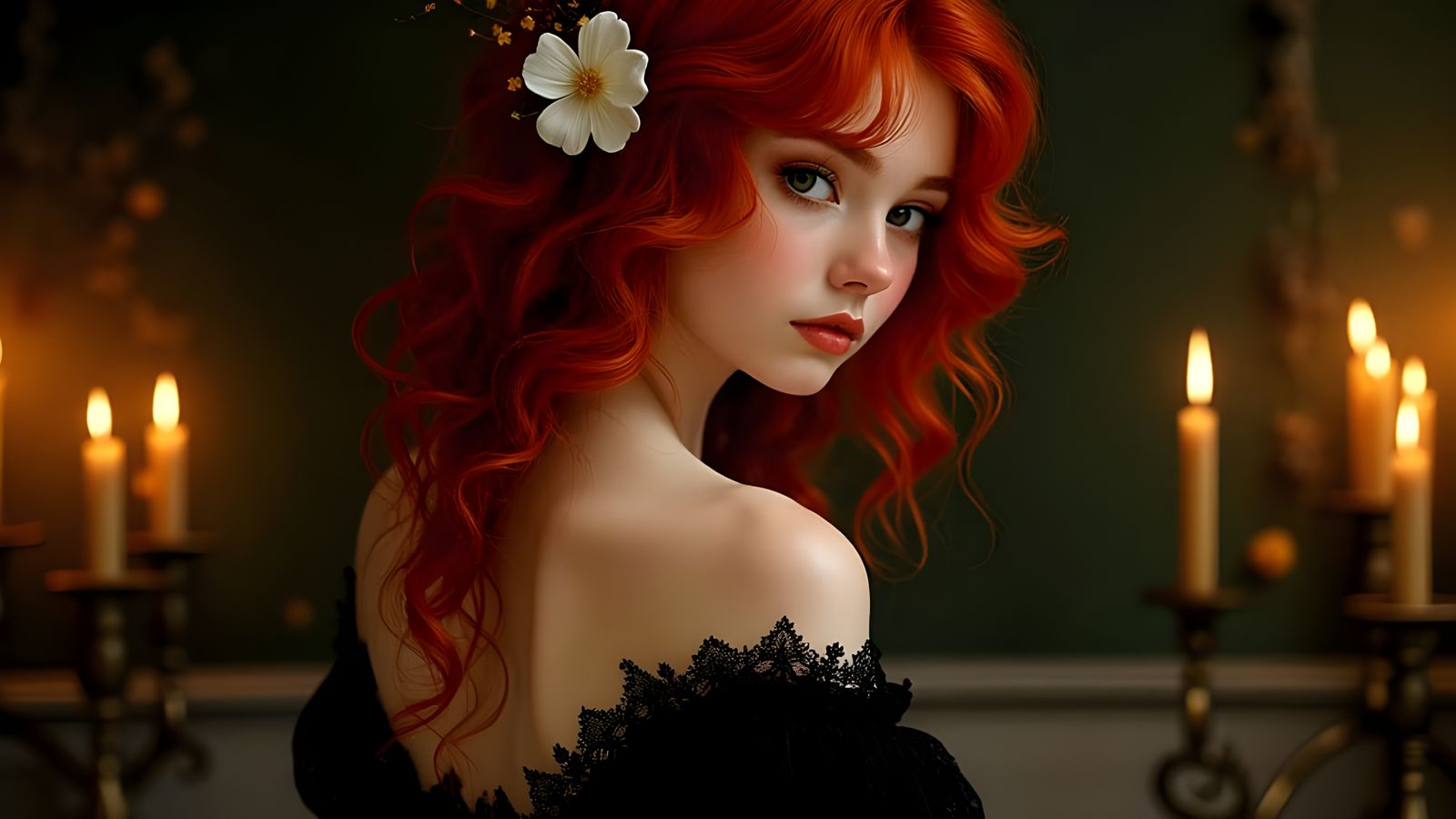 Elegant Woman with Red Hair and Lace Dress