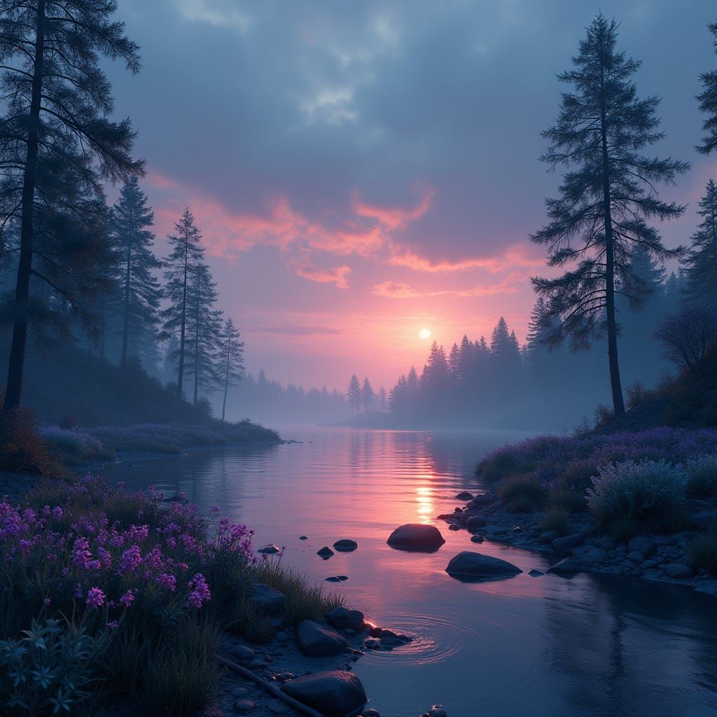 Serene Finland Bay at Dusk in Nostalgic Futurism Style
