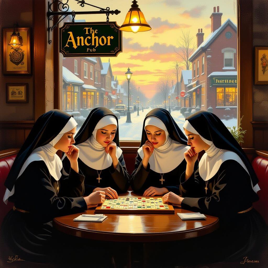 Nuns Play Scrabble in Cozy Pub, Golden Light