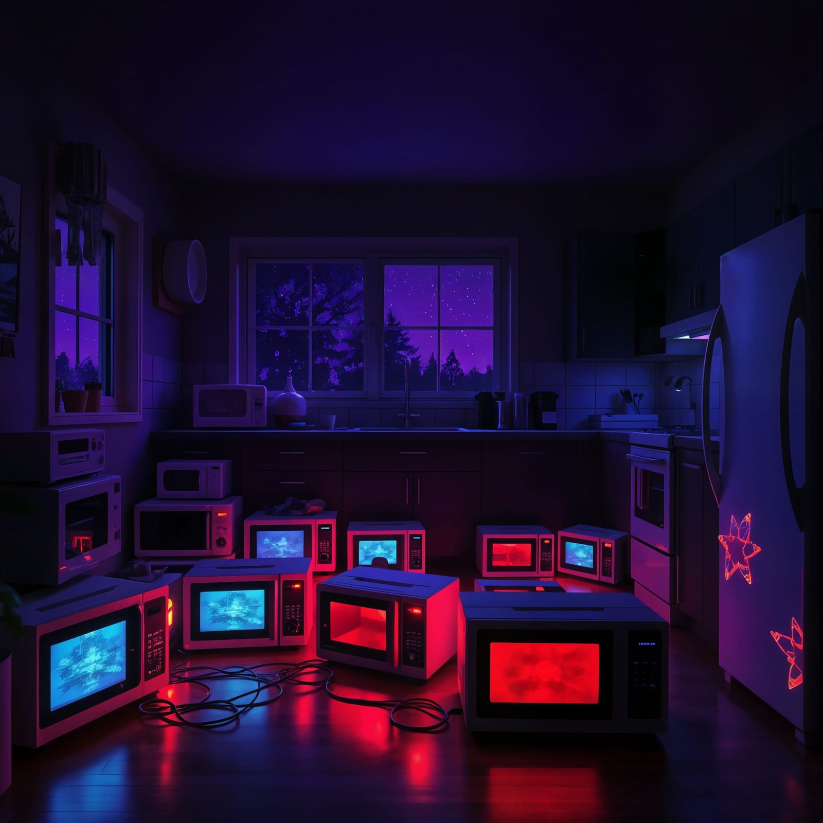 Glowing Microwaves in Moody Synthwave Kitchen