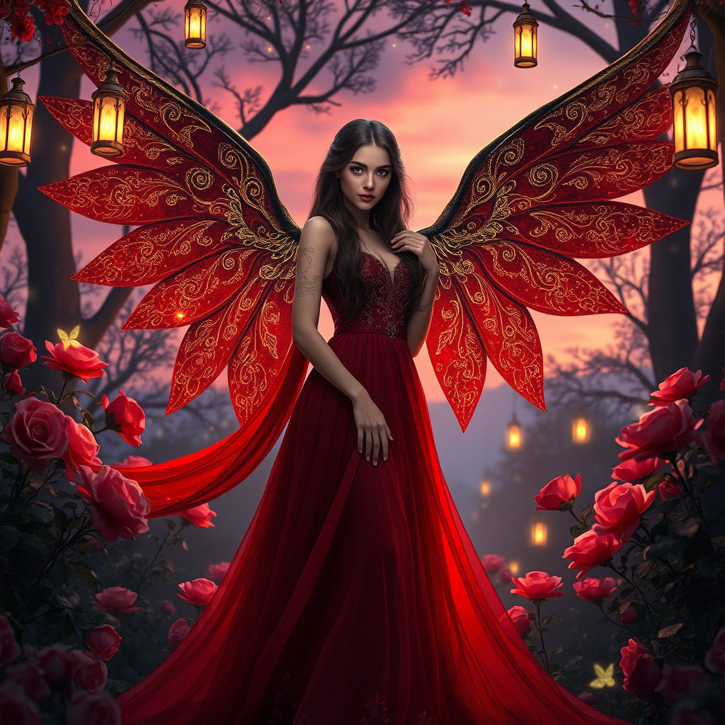 Goddess with Crimson Wings in Twilight Garden