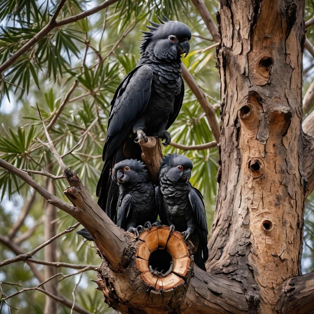 Black Cockatoo Family in Tree Hollow