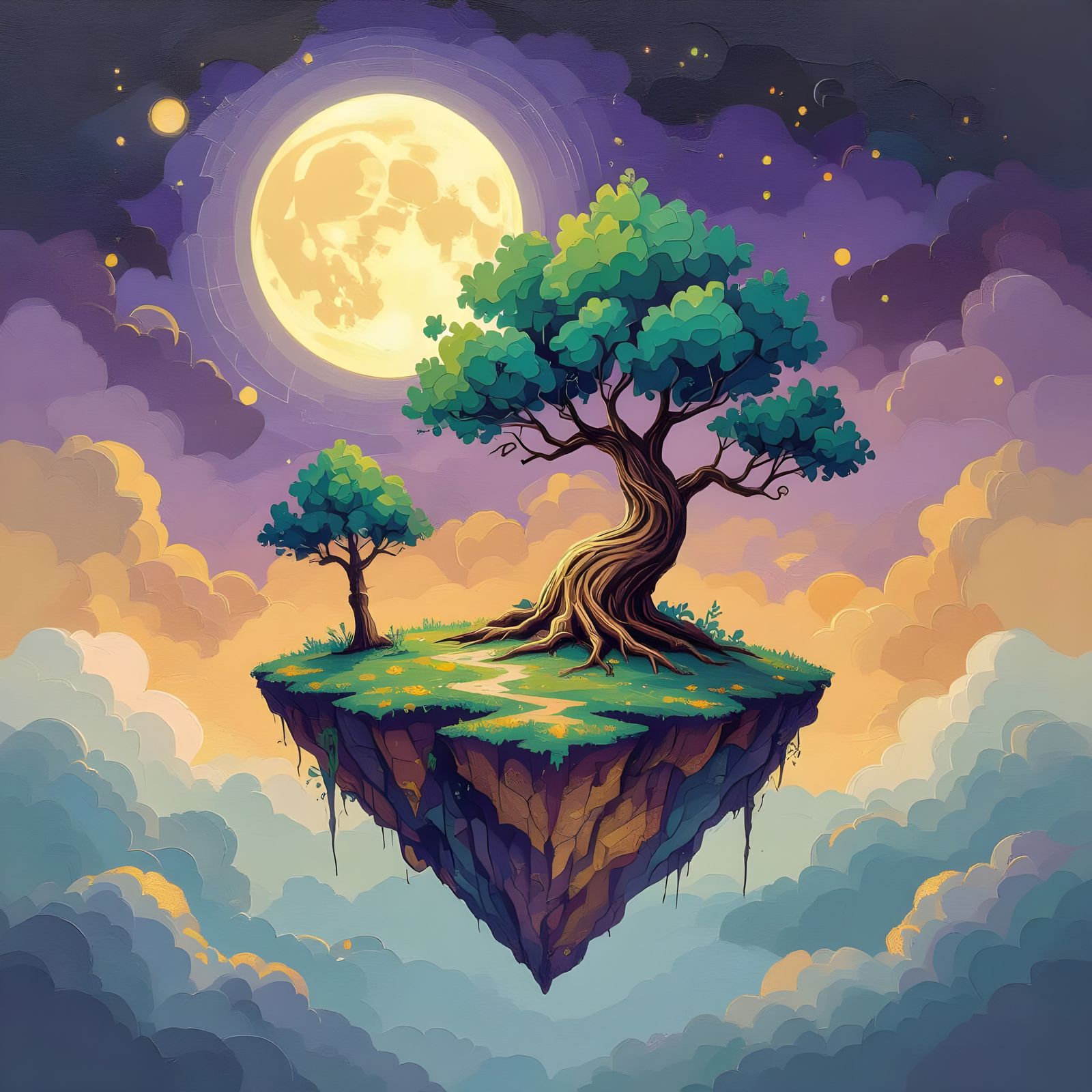 Floating Island Dreamscape in Layered Gouache